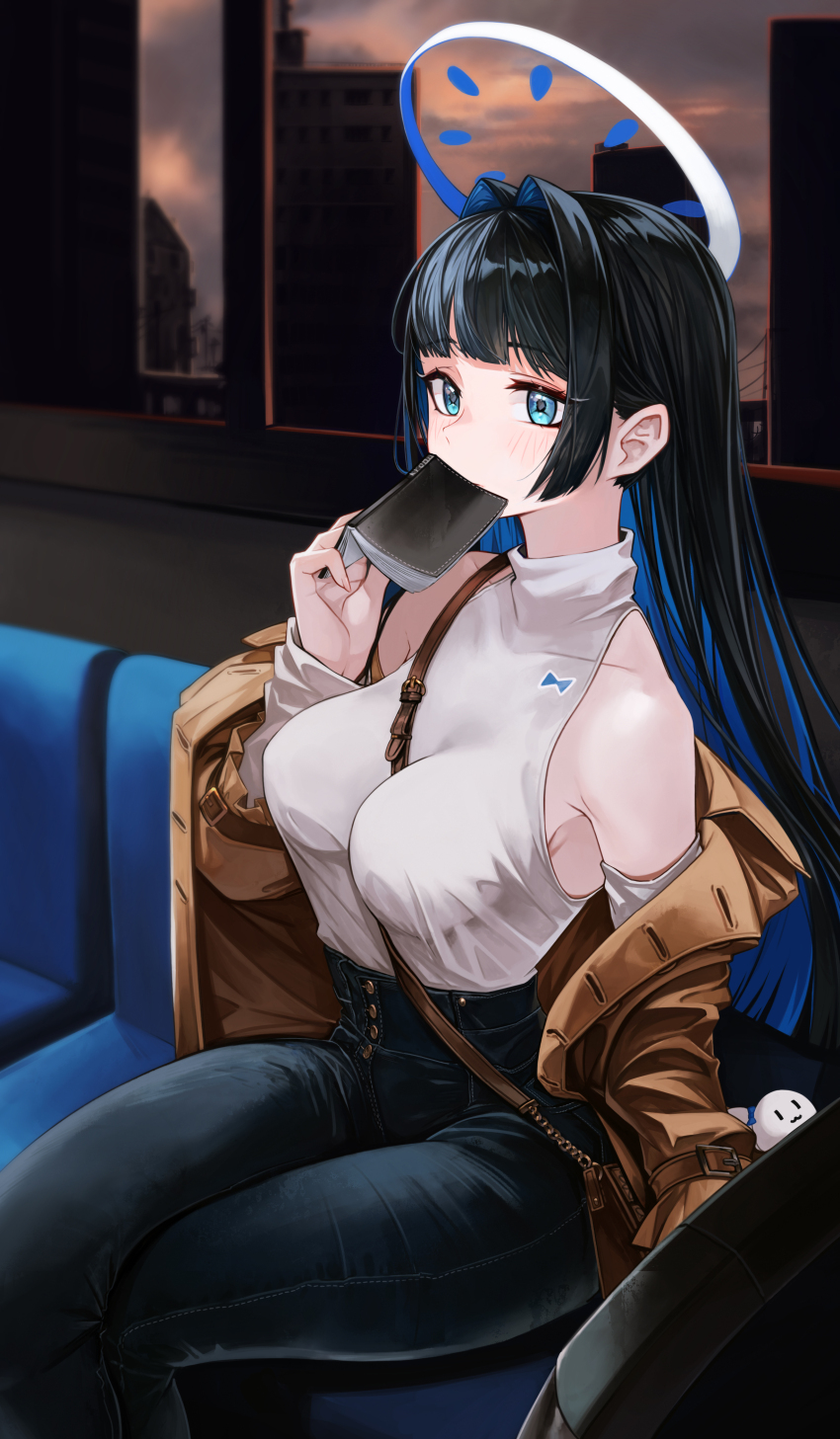 1girl absurdres anizi bag bare_shoulders between_breasts black_hair blue_eyes blue_hair blue_pants book breasts brown_coat coat colored_inner_hair crossed_legs denim detached_sleeves hair_intakes halo hand_up highres holding holding_book hololive hololive_english large_breasts long_hair looking_away multicolored_hair off_shoulder open_book open_clothes open_coat ouro_kronii pants shirt shirt_tucked_in shoulder_bag sitting sleeveless sleeveless_shirt sleeveless_turtleneck solo turtleneck virtual_youtuber white_shirt