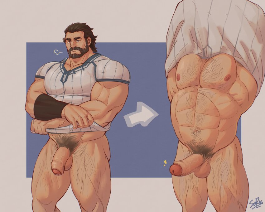 1boy abs absurdres arcane:_league_of_legends arrow_(symbol) bara bare_pectorals beard biceps blue_background border chest_hair closed_mouth clothes_lift commentary english_commentary erection facial_hair flaccid foreskin glensaru highres league_of_legends leg_hair looking_to_the_side male_focus multiple_views muscular muscular_male navel nipples no_pants notice_lines nude pectorals pubic_hair puff_of_air shirt_lift signature swept_bangs undressing vander_(arcane) white_border