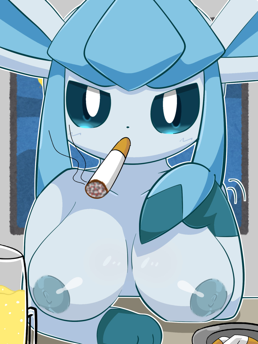 1girl ashtray blue_eyes breasts cigarette container creatures_(company) cup game_freak gen_4_pokemon glaceon glass highres large_breasts looking_at_viewer nintendo nipples nude pokemon satecoon smoke smoking solo