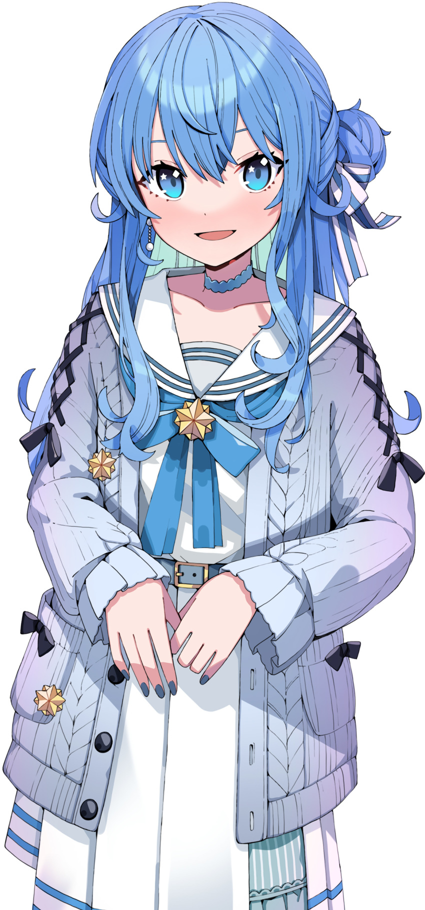 1girl absurdres blue_eyes blue_hair blue_nails cardigan choker dress hair_bun highres hololive hoshimachi_suisei hoshimachi_suisei_(school_uniform) long_hair looking_at_viewer morumoru_x nail_polish open_mouth ribbon sailor_collar sailor_dress school_uniform serafuku simple_background smile solo virtual_youtuber white_background