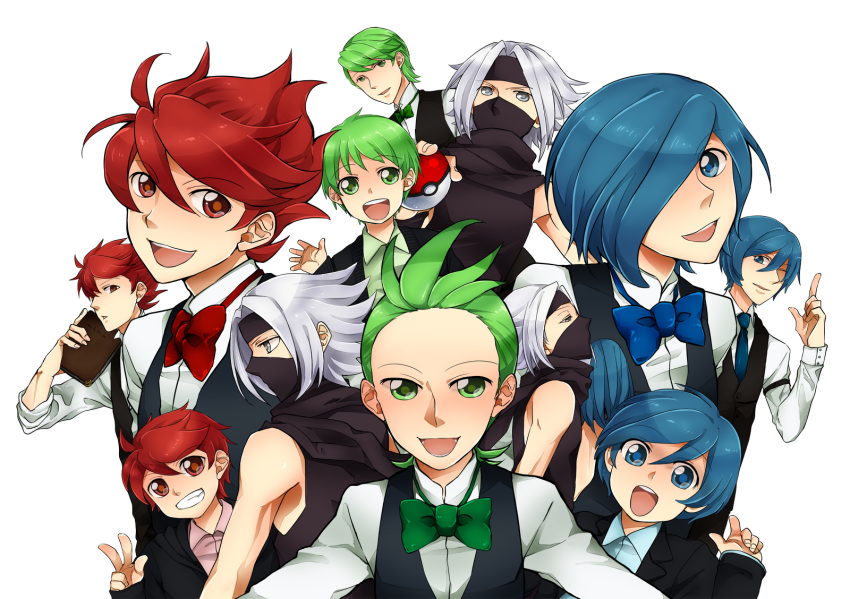 3boys aged_down aged_up aikawa_poko blue_eyes blue_hair bow bowtie brothers chili_(pokemon) cilan_(pokemon) creatures_(company) cress_(pokemon) game_freak green_eyes green_hair highres image_sample male_focus multiple_boys nintendo pixiv_sample pokemon red_eyes red_hair resized shadow_triad siblings white_hair