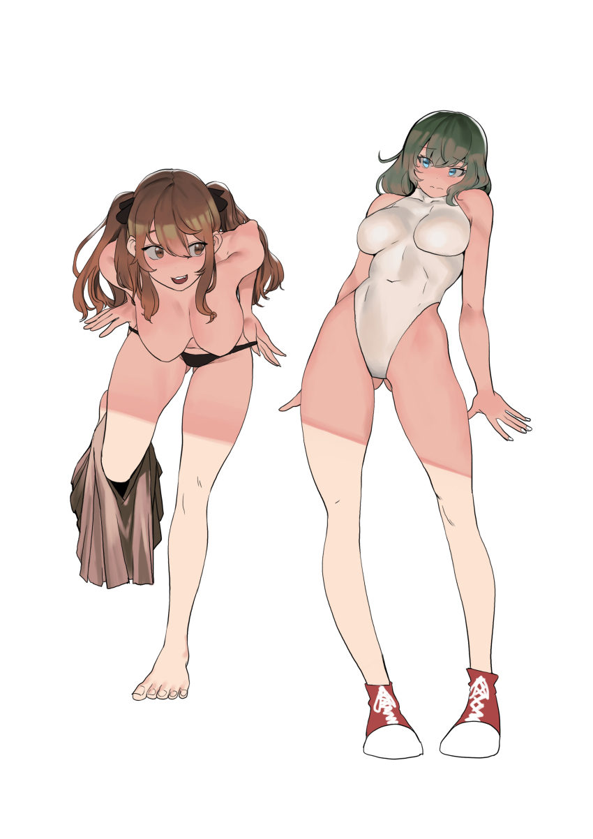 2girls absurdres bad_id bad_pixiv_id bare_shoulders black_panties breasts brown_eyes brown_hair collarbone crossover girls&#039;_frontline green_eyes green_hair highres idolmaster idolmaster_cinderella_girls ihobus large_breasts leotard long_hair looking_at_another multiple_girls no_pants panties red_footwear shoes short_hair simple_background sneakers standing standing_on_one_leg takagaki_kaede topless two_side_up ump9_(girls&#039;_frontline) underwear undressing white_background white_leotard