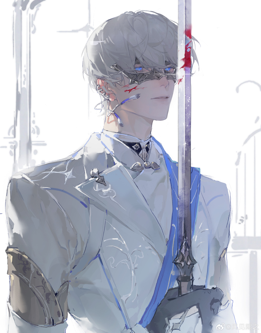 1boy absurdres armlet blood blood_on_face blue_eyes ear_piercing earrings fengjian_yuzhi gloves grey_hair highres holding holding_sword holding_weapon jewelry lapels looking_at_viewer love_and_deepspace male_focus mask parted_lips piercing short_hair solo sword tassel tassel_earrings upper_body weapon weibo_logo weibo_watermark xavier_(love_and_deepspace)