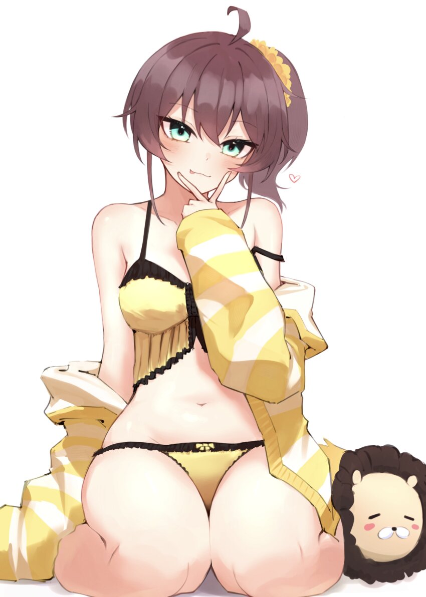 1girl absurdres ahoge babydoll breasts brown_hair cardigan ebi_frion_(natsuiro_matsuri) full_body green_eyes hair_between_eyes hair_ornament hair_scrunchie hand_on_own_face heart highres hololive medium_hair natsuiro_matsuri open_cardigan open_clothes oriyos panties scrunchie side_ponytail simple_background sitting small_breasts smile solo striped_cardigan tongue tongue_out underwear v virtual_youtuber wariza white_background yellow_cardigan yellow_panties