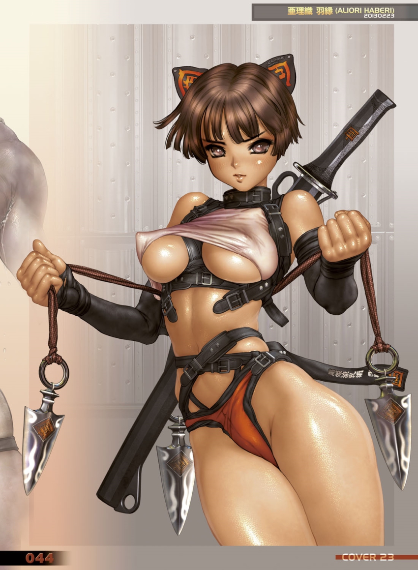 1girl aliori_haberi breasts brown_hair covered_erect_nipples elbow_gloves gloves greaseberries highres large_breasts looking_at_viewer ninja shiny_skin shirou_masamune short_hair skin_tight spandex sword weapon