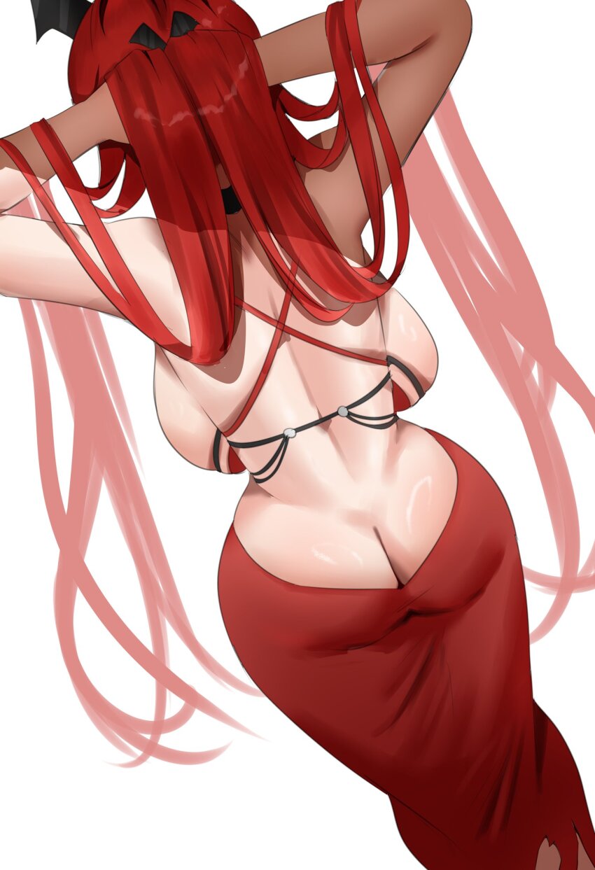 1girl ass backboob backless_outfit breasts butt_crack choker dress goddess_of_victory:_nikke highres horns large_breasts red_hair red_hood_(nikke) redi_(rasec_asdjh) solo torn_clothes