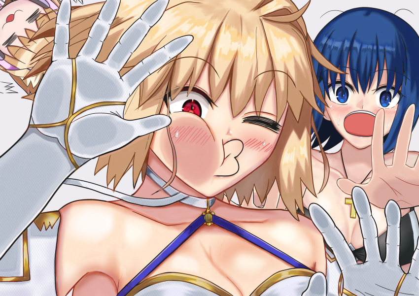 3girls absurdres ahoge arcueid_brunestud bare_shoulders bikini black_bikini blonde_hair blue_eyes blue_hair blush breasts buur c.i.e.l_(fate) c.i.e.l_(first_ascension)_(fate) choker ciel_(tsukihime) cleavage cross cross_necklace fate/grand_order fate_(series) gloves highres jewelry large_breasts multiple_girls necklace neco-arc one_eye_closed open_mouth phantas-moon phantas-moon_(second_ascension) reaching reaching_towards_viewer red_eyes ribbon short_hair swimsuit tsukihime white_gloves