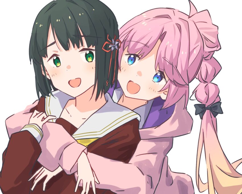 2girls :d ahoge anyoji_hime black_bow black_hair blonde_hair blue_eyes blunt_bangs blunt_ends blush bow brown_dress collarbone dress flower flower_knot gradient_hair green_eyes hair_bow hair_flower hair_intakes hair_ornament hasu_no_sora_school_uniform hood hooded_jacket hug hug_from_behind jacket link!_like!_love_live! long_hair long_sleeves looking_at_another love_live! momose_ginko multi-tied_hair multicolored_hair multiple_girls neckerchief open_mouth pink_hair pink_jacket ponytail sailor_collar sailor_dress school_uniform shiroko79 short_hair sidelocks simple_background smile swept_bangs upper_body very_long_hair virtual_youtuber white_background white_sailor_collar winter_uniform yellow_neckerchief