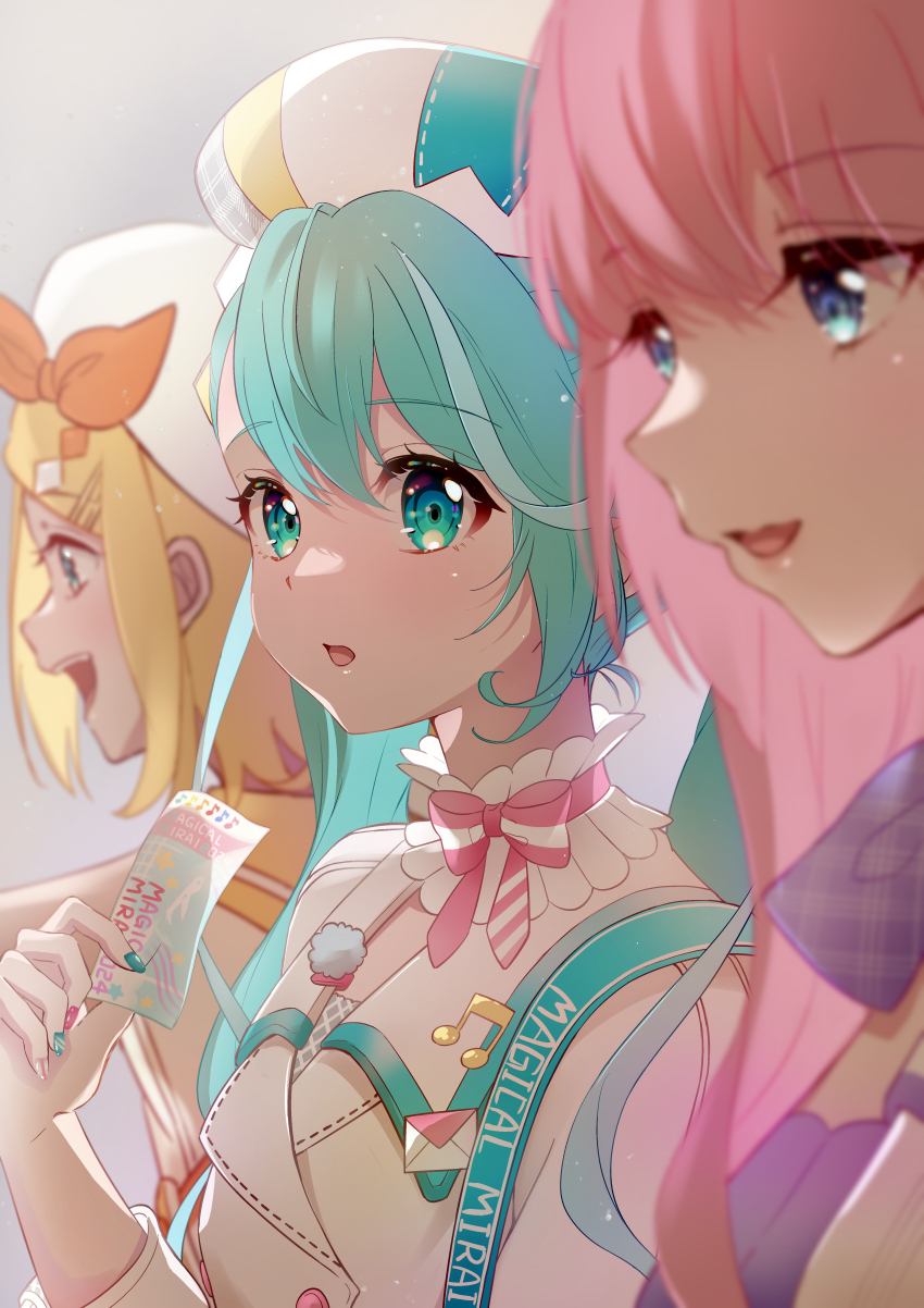 3girls absurdres aqua_eyes aqua_hair beret blonde_hair blue_eyes blurry bow clothes_writing commentary_request diamond_hair_ornament hair_ornament hairclip hat hat_bow hatsune_miku highres holding_ticket jacket kagamine_rin long_hair magical_mirai_(vocaloid) magical_mirai_luka_(2024) magical_mirai_miku magical_mirai_miku_(2024) magical_mirai_rin_(2024) megurine_luka multicolored_nails multiple_girls musical_note_ornament open_mouth orange_bow pink_hair short_hair single_sidelock smile tamakiwachi twintails upper_body vocaloid white_hat white_jacket