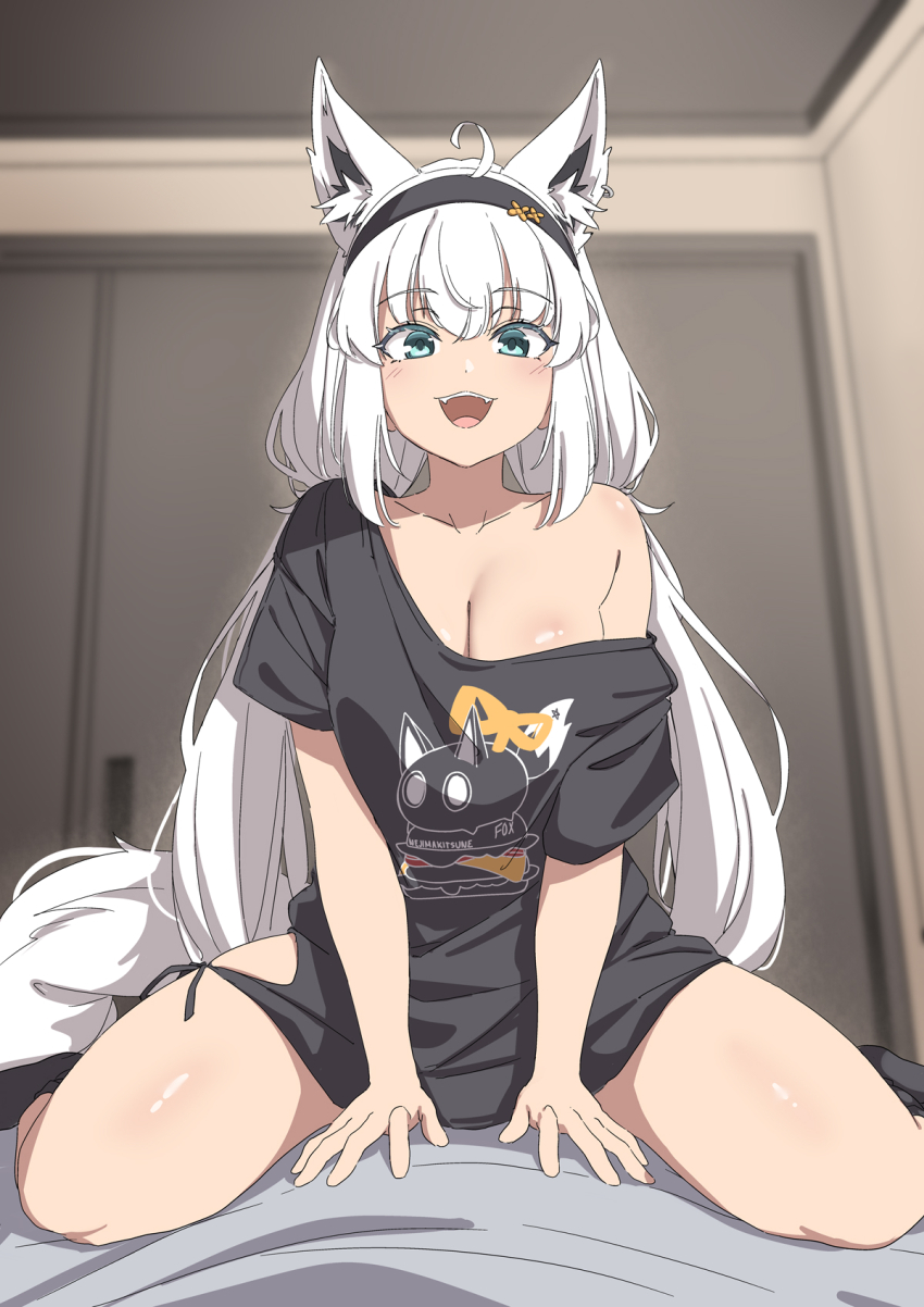 1girl :d ahoge animal_ear_fluff animal_ear_piercing animal_ears aqua_eyes between_legs black_hairband black_shirt black_socks breasts cleavage collarbone commentary crossed_bangs fox_ears fox_girl fox_tail girl_on_top good_morning good_morning_my_brother_(meme) hair_between_eyes hairband hand_between_legs highres hip_vent hololive indoors kanachirou large_breasts long_hair low_twintails meme no_bra no_pants official_alternate_costume open_mouth pov print_shirt scene_reference shirakami_fubuki shirakami_fubuki_(loungewear) shirt single_bare_shoulder single_off_shoulder sitting sitting_on_person smile socks straddling t-shirt tail tokidoki_bosotto_roshia-go_de_dereru_tonari_no_alya-san twintails very_long_hair virtual_youtuber white_hair