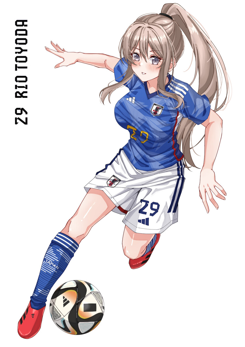 1girl 2022_fifa_world_cup adidas ball blonde_hair blue_eyes blue_shirt blue_socks blush borrowed_character breasts character_name full_body hair_ribbon highres large_breasts long_hair original red_footwear ribbon rynn_(darknescorez) shirt shoes short_sleeves shorts simple_background sneakers soccer_ball soccer_uniform socks solo sportswear toyoda_rio_(rc_f) white_background white_shorts world_cup