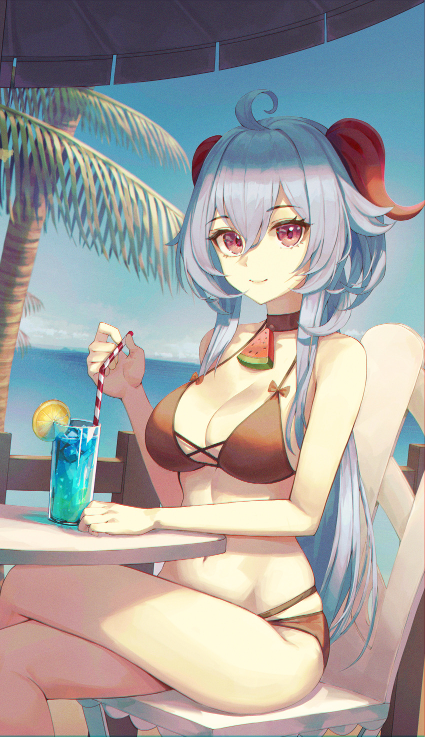 1girl absurdres ahoge bare_arms bare_shoulders bikini black_bikini black_choker blue_hair breasts choker cleavage cup day drinking_glass drinking_straw ganyu_(genshin_impact) genshin_impact goat_horns highres horns huge_filesize crossed_legs long_hair looking_at_viewer low_ponytail medium_breasts multi-strapped_bikini navel outdoors red_eyes sitting smile solo stomach string_bikini swimsuit thighs tropical_drink wakum