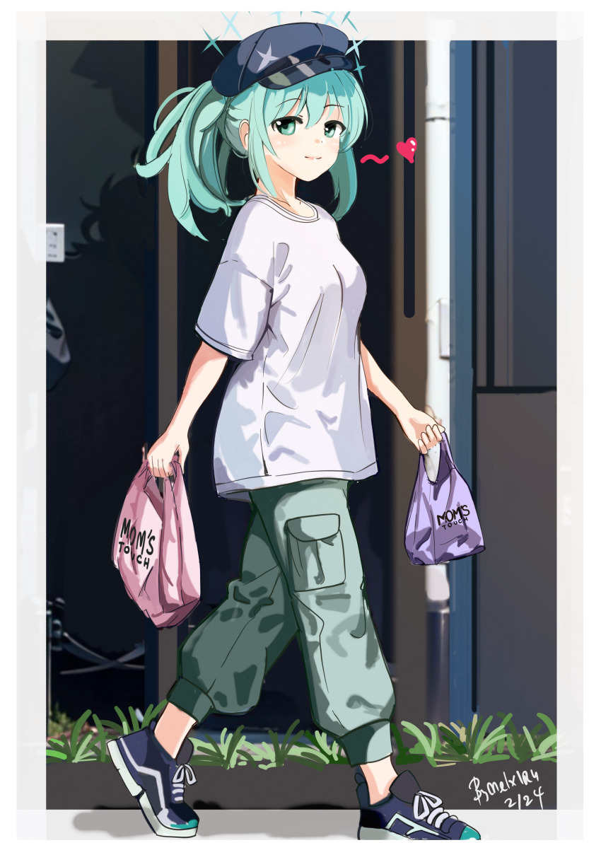 1girl absurdres bag blue_archive breasts casual grass green_eyes green_hair green_pants halo hat highres hiyori_(blue_archive) holding holding_bag medium_breasts melissa_v2 outdoors pants plastic_bag ponytail road shirt shoes shopping_bag smile sneakers street t-shirt walking white_shirt