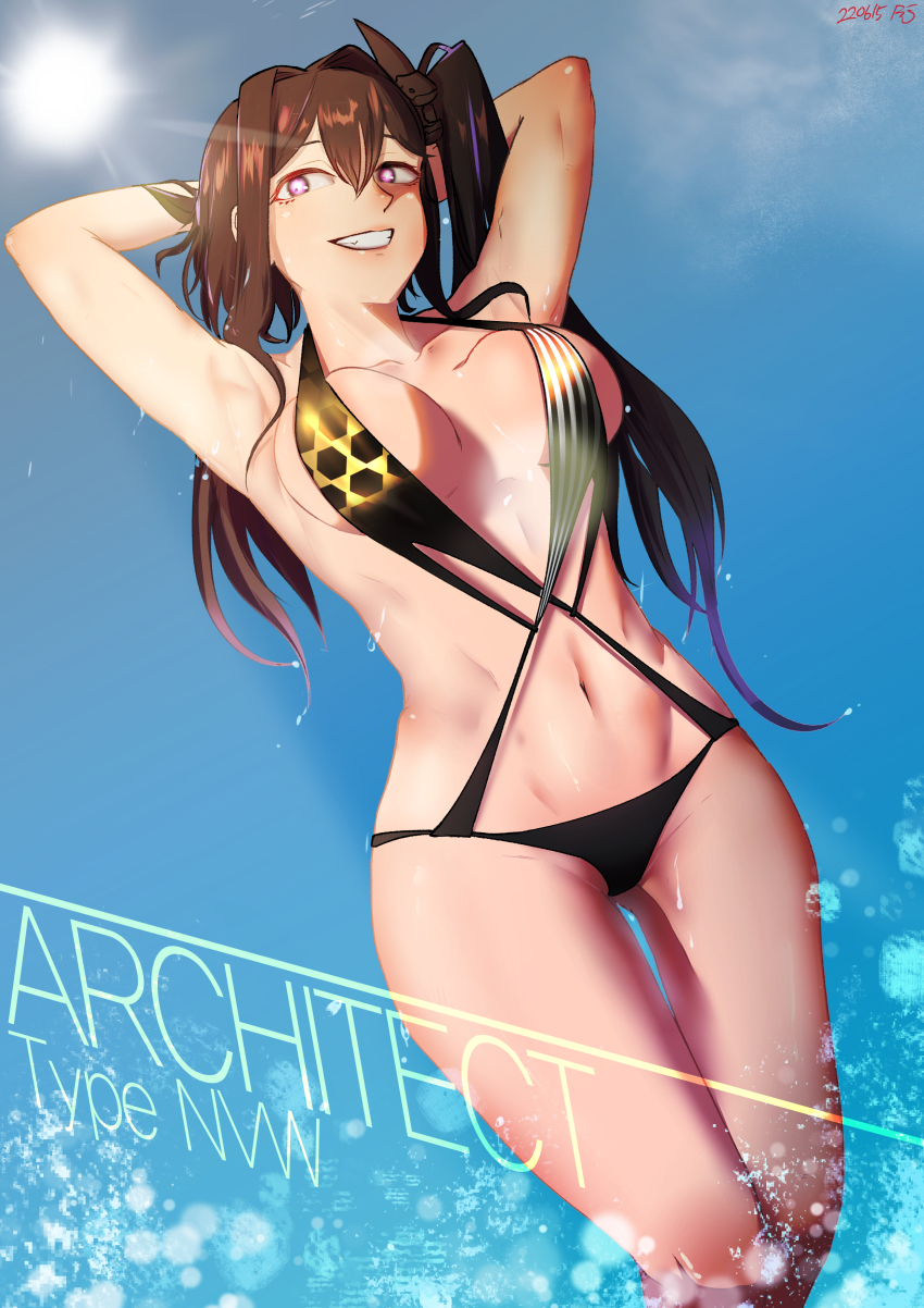 1girl absurdres architect_(girls&#039;_frontline) architect_(nvw_model)_(girls&#039;_frontline) architect_(type_nvw)_(girls&#039;_frontline) armpits arms_behind_head bikini black_hair black_one-piece_swimsuit blue_sky breasts casual_one-piece_swimsuit character_name collarbone commentary cowboy_shot dated day english_commentary girls&#039;_frontline grin hair_ornament halterneck highres large_breasts long_hair looking_at_viewer navel one-piece_swimsuit one_side_up purple_eyes radish_p sangvis_ferri signature sky smile solo standing sun swimsuit very_long_hair water waves wet