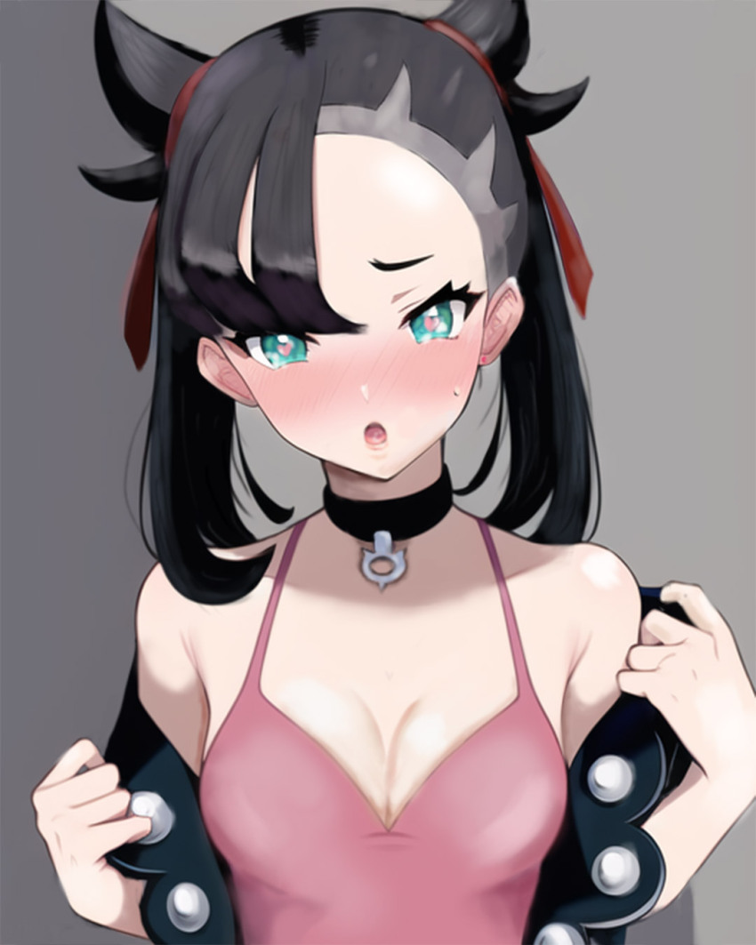 1girl :o asymmetrical_bangs bare_shoulders black_choker black_hair black_jacket blush breasts choker cleavage creatures_(company) dress ear_piercing game_freak green_eyes grey_background hair_ribbon heart heart-shaped_pupils highres jacket looking_at_viewer marnie_(pokemon) medium_breasts nintendo off_shoulder open_mouth piercing pink_dress pokemon pokemon_swsh repencelife ribbon solo sweatdrop symbol-shaped_pupils twintails undercut