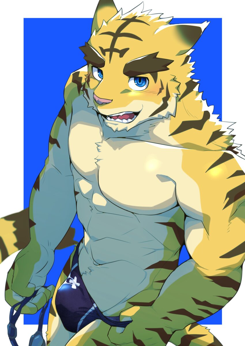 1boy abs absurdres animal_ears bara blue_background blue_eyes blue_male_swimwear border cat_nose commentary fangs furry furry_male goggles hi_na_ga highres holding holding_goggles light_blush looking_at_viewer male_focus male_swimwear morenatsu navel open_mouth pectorals smile tail thick_eyebrows tiger_boy tiger_ears tiger_stripes tiger_tail torahiko_oshima white_border yellow_fur