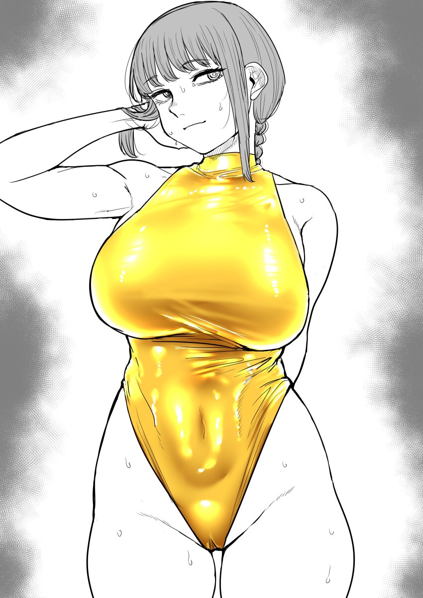 1girl absurdres armpits arms_up breasts chainsaw_man gold_one-piece_swimsuit golden_swimsuit greyscale highres kaiman_garupan large_breasts makima_(chainsaw_man) monochrome navel one-piece_swimsuit solo sweat swimsuit yellow_one-piece_swimsuit yellow_swimsuit