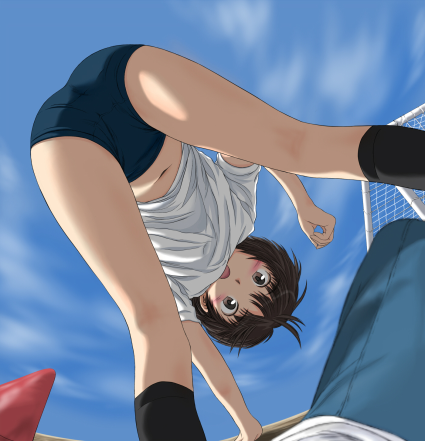 1girl amagami ass ass_focus bent_over blush brown_eyes brown_hair buruma cloud cloudy_sky cone day female_focus from_behind from_below goal gym_uniform highres keisuke_(0320030103200301) kneehighs kneepits looking_through_own_legs midriff navel open_mouth outdoors pantylines pov shirt short_hair sky socks solo t-shirt tachibana_miya thighs traffic_cone upside-down