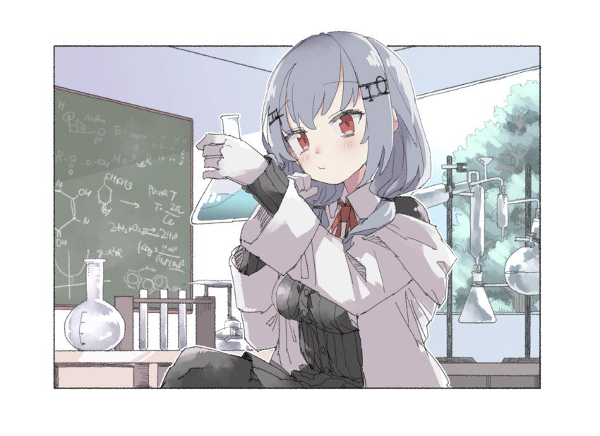 1girl black_sweater breasts chalkboard collared_shirt gloves grey_hair hair_ornament hakase_fuyuki highres holding holding_test_tube lab_coat light_blush liquid math medium_breasts medium_hair nijisanji omochi_chowder red_eyes shirt sitting solo sweater test_tube tree twintails virtual_youtuber white_gloves window