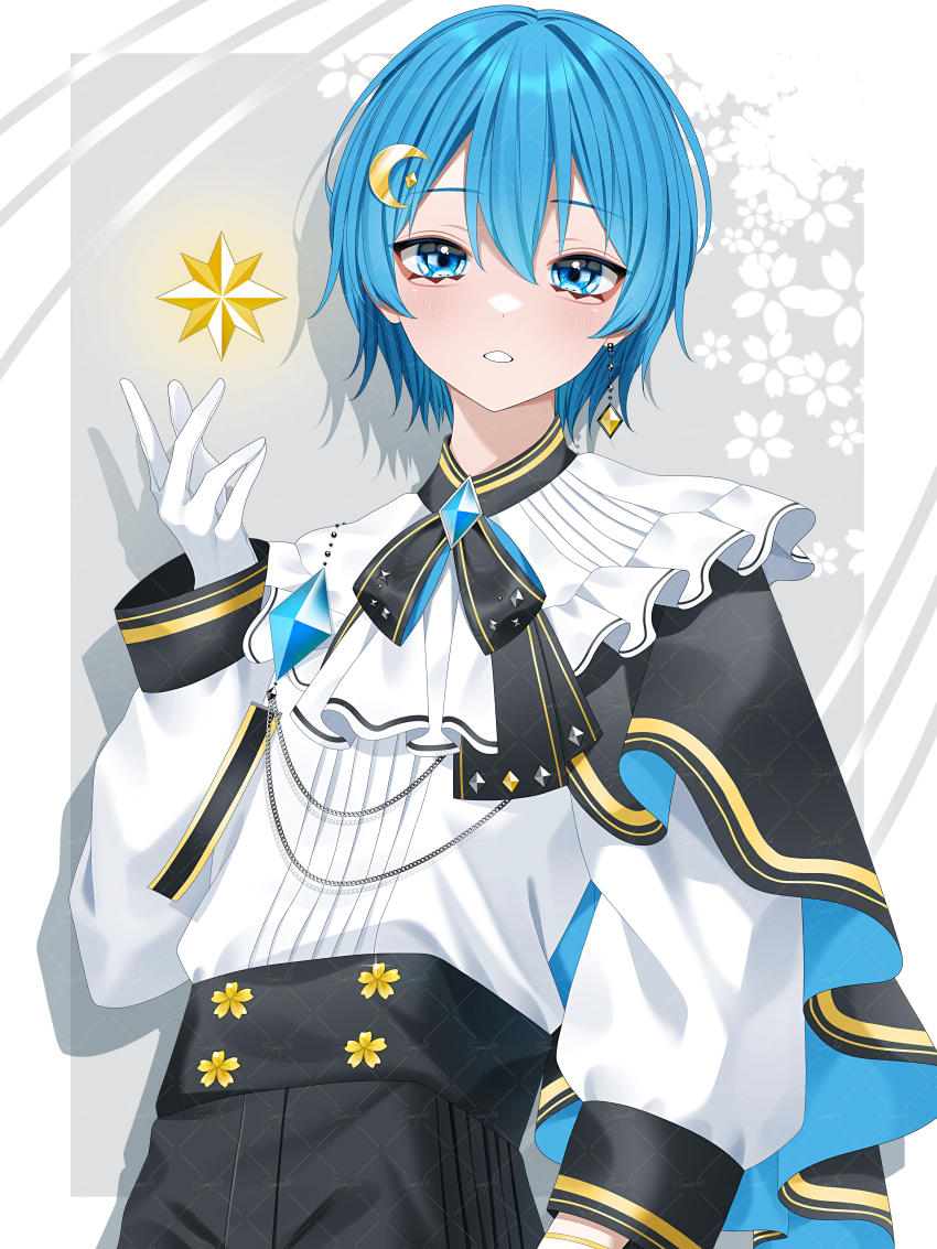 1boy absurdres arm_at_side bishounen blue_eyes blue_gemstone blue_hair blush commission crescent crescent_pin earrings eyelashes flower_symbol frilled_shirt_collar frills gem gloves grey_background hair_between_eyes hand_up highres jewelry long_sleeves looking_at_viewer male_focus original shadow short_hair single_earring skeb_commission solo sparkle star_(symbol) two-tone_background upper_body wanko_(yurika0320) white_background white_gloves