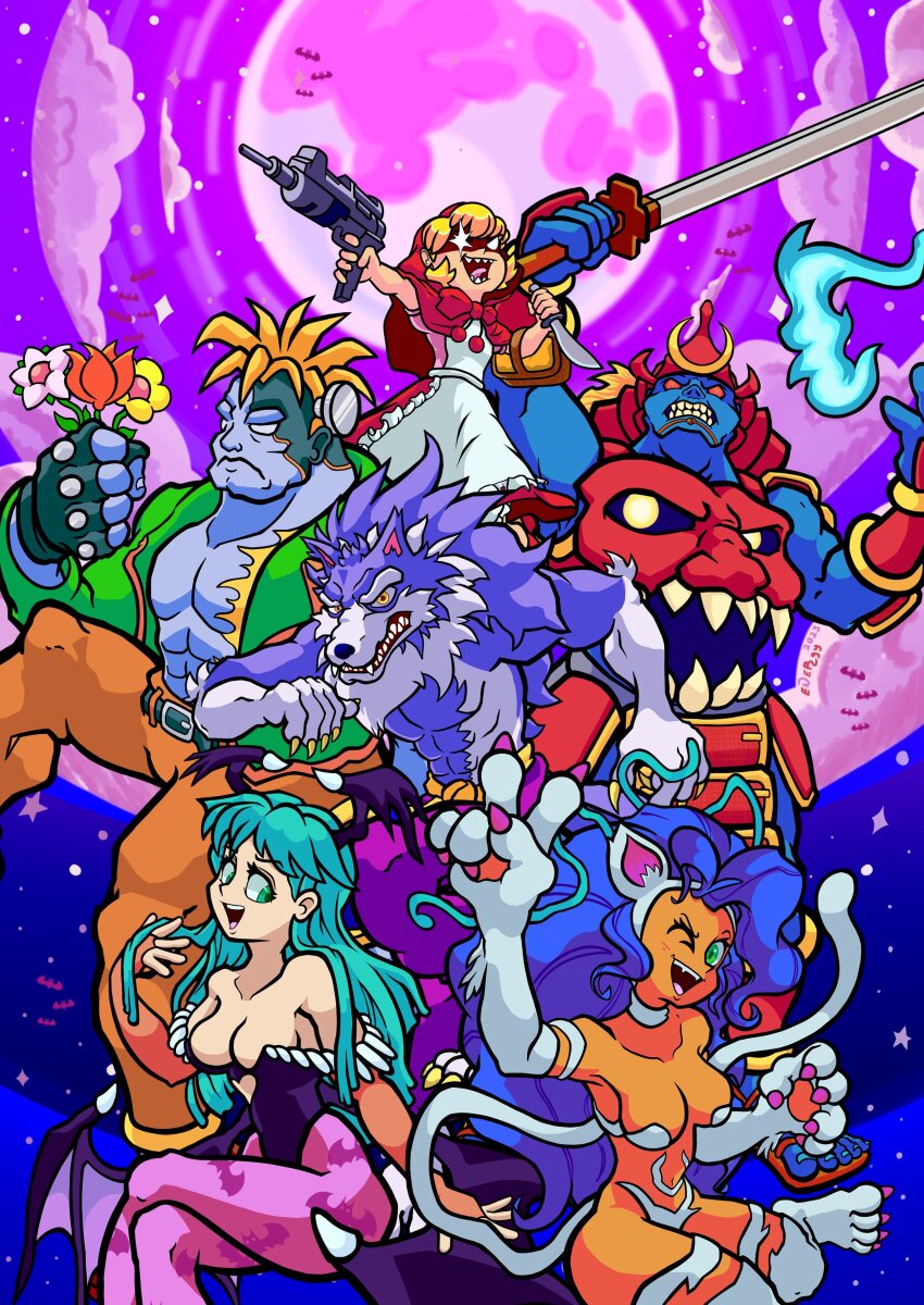 30th_anniversary 3boys 3girls absurdres animal_ears animal_print bare_shoulders bat_print bishamon_(darkstalkers) black_leotard blonde_hair blue_hair breasts bridal_gauntlets b.b._hood capcom cat_ears cat_girl cat_paws cat_tail cleavage clothing_cutout demon_girl dual_wielding felicia_(darkstalkers) flowers_in_hand jon_talbain green_eyes green_hair gun head_wings heart_cutout highres holding knife leotard long_hair matching_hair/eyes morrigan_aensland multiple_boys multiple_girls navel one_eye_closed open_mouth pantyhose purple_pantyhose smile submachine_gun sword tail uzi darkstalkers victor_von_gerdenheim weapon werewolf wings