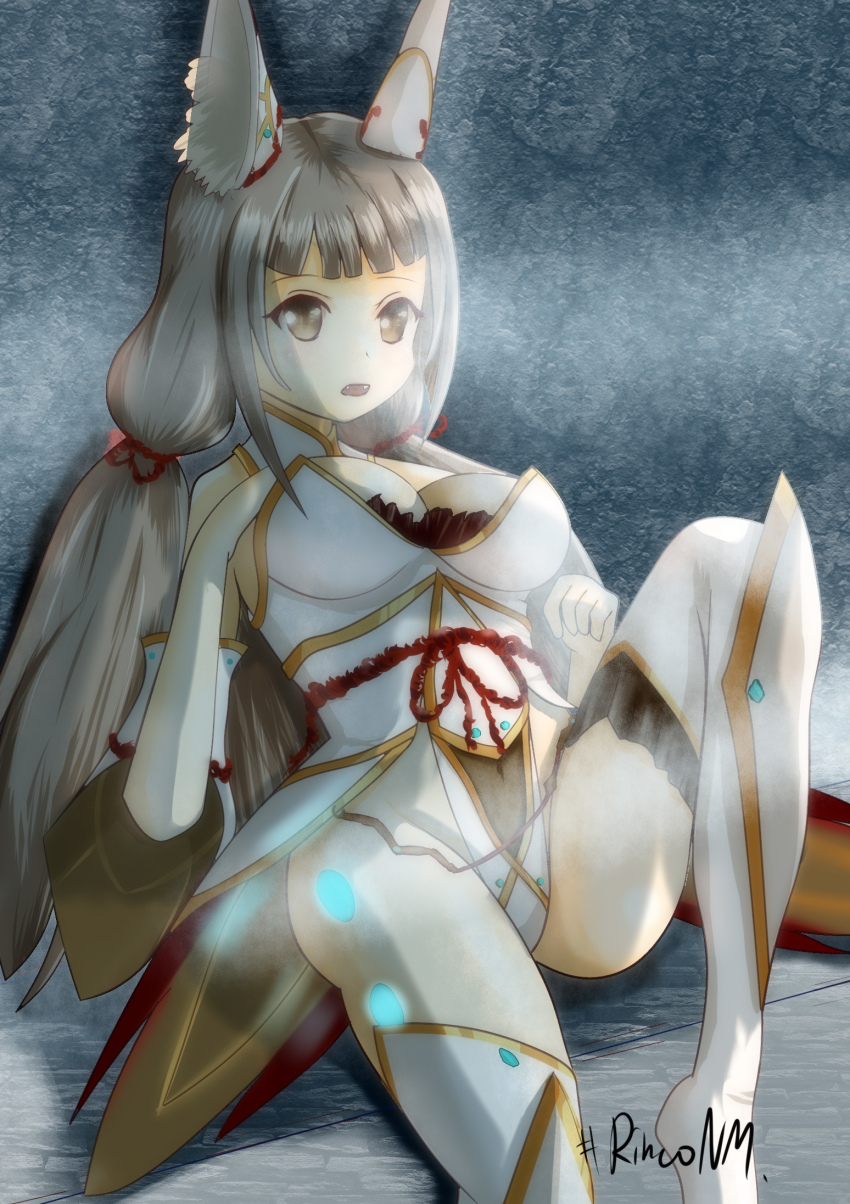 1girl animal_ears bare_shoulders blush breasts cat_ears cleavage gloves glowing hand_on_own_chest highleg highleg_leotard highres large_breasts leotard long_hair looking_at_viewer nia_(blade)_(xenoblade) nia_(xenoblade) nintendo niyah open_mouth ribbon rinco_nm silver_hair sitting solo spoilers thighhighs thighs twintails white_gloves xenoblade_chronicles_(series) xenoblade_chronicles_2 yellow_eyes