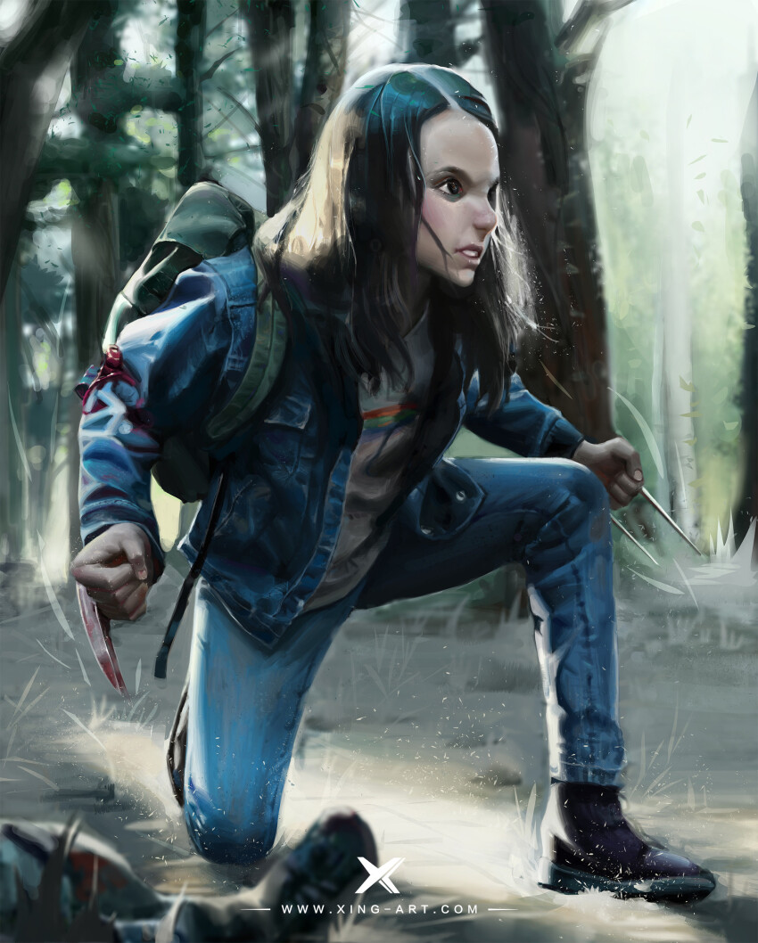 1girl absurdres artist_name backpack bag black_eyes black_footwear blue_jacket blue_pants boots brown_hair check_copyright chinese_commentary clenched_hands clenched_teeth commentary_request copyright_request corpse dappled_sunlight day denim denim_jacket falling_leaves fingernails forest full_body furrowed_brow green_bag hair_over_shoulder highres jacket jeans leaf light_blush light_particles lips logan_(movie) long_hair long_sleeves looking_ahead marvel nature on_one_knee open_clothes open_jacket original pants rainbow_print realistic shirt solo starlab sunlight teeth the_wolverine thick_eyebrows watermark white_shirt x-23 x-men x-men_film_series