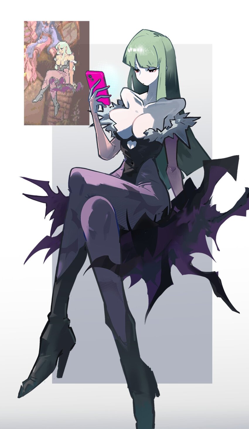 1girl black_leotard blunt_bangs breasts bridal_gauntlets crossed_legs darkstalkers green_hair highres holding holding_phone leotard long_hair morrigan_aensland pantyhose phone purple_pantyhose shakeeeeeeeee sitting solo strapless strapless_leotard