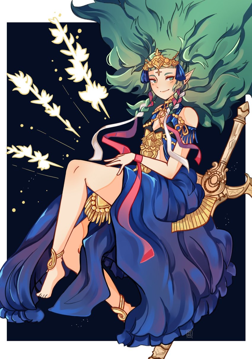 1girl barefoot braid closed_mouth dress fire_emblem fire_emblem:_three_houses green_eyes green_hair hair_ornament highres long_hair nintendo nya_deko pointy_ears ribbon_braid smile solo sothis_(fire_emblem) sword tiara twin_braids weapon