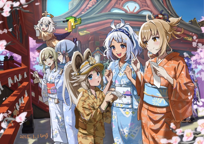 1other 6+girls ajaw_(genshin_impact) alternate_costume architecture ayaka_(genshin_impact) blonde_hair blue_eyes blue_hair blue_hairband blue_kimono blue_sky brown_kimono cherry_blossoms chinchilla_ears chinchilla_girl closed_mouth commentary_request dated east_asian_architecture feet_out_of_frame fish-shaped_pupils floating genshin_impact hair_ornament hairband halo hands_up hatsumoude holding holding_paper index_finger_raised japanese_clothes kachina_(genshin_impact) kimono long_hair looking_at_another lumine_(genshin_impact) mualani_(genshin_impact) multiple_girls new_year obi obiage obijime omikuji open_mouth orange_visor outdoors paimon_(genshin_impact) paper ponytail purple_kimono raiden_shogun red_eyes red_kimono sash short_hair_with_long_locks shrine signature sky smile stairs tree_bowbow twitter_username visor_cap white_hair yellow_eyes yoimiya_(genshin_impact)