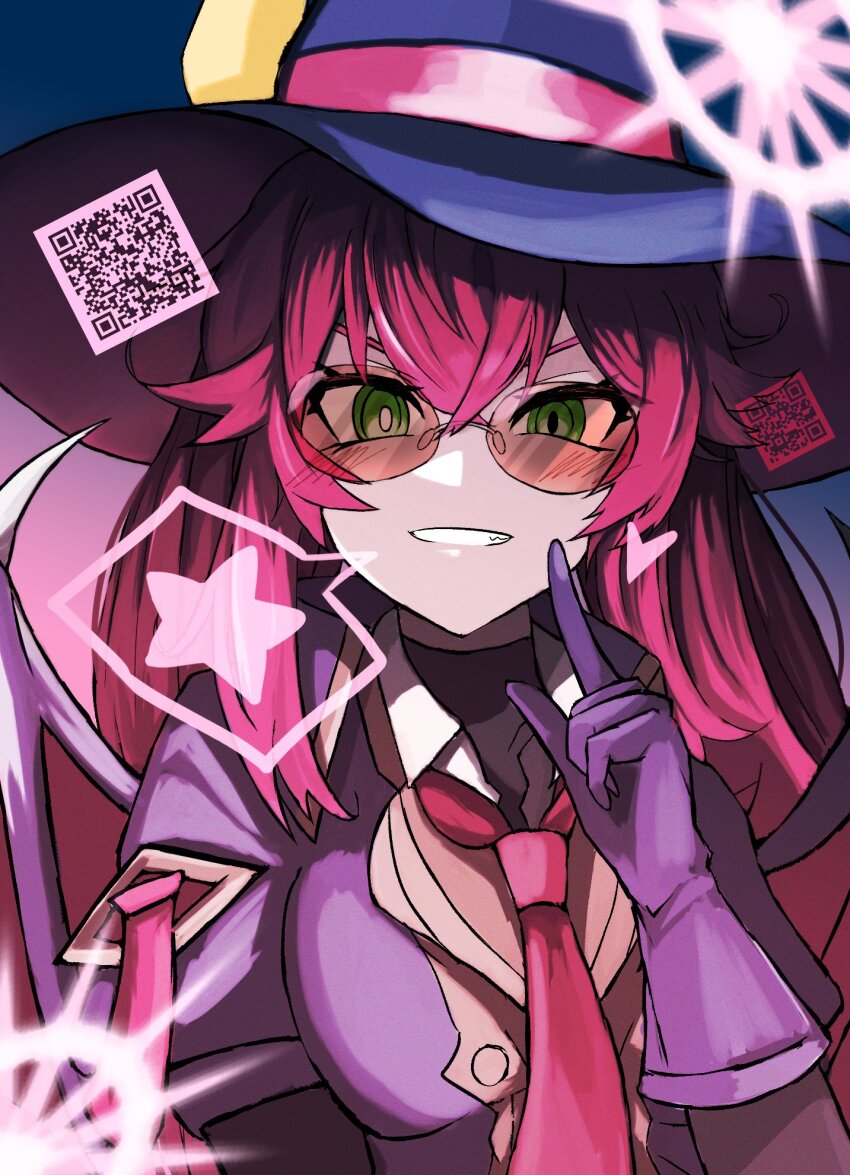 1girl breasts demon_wings duel_monster evil_twin_ki-sikil gloves green_eyes grin hand_up hat highres index_finger_raised ki-sikil_(yu-gi-oh!) long_hair medium_breasts necktie parted_lips pink_hair pink_necktie qr_code r_scrubed sketch smile solo speech_bubble spoken_star star_(symbol) wings yu-gi-oh!