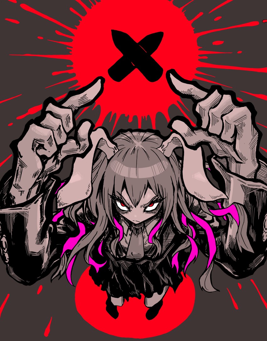 1girl absurdres angry animal_ears bags_under_eyes black_outline bullet closed_mouth collared_shirt colored_inner_hair commentary_request floppy_ears foreshortening frown full_body highres limited_palette long_hair multicolored_hair necktie nehitsuji_(syatihokoga) outline purple_hair rabbit_ears rabbit_girl red_eyes reisen_udongein_inaba shirt skirt solo touhou v-shaped_eyebrows