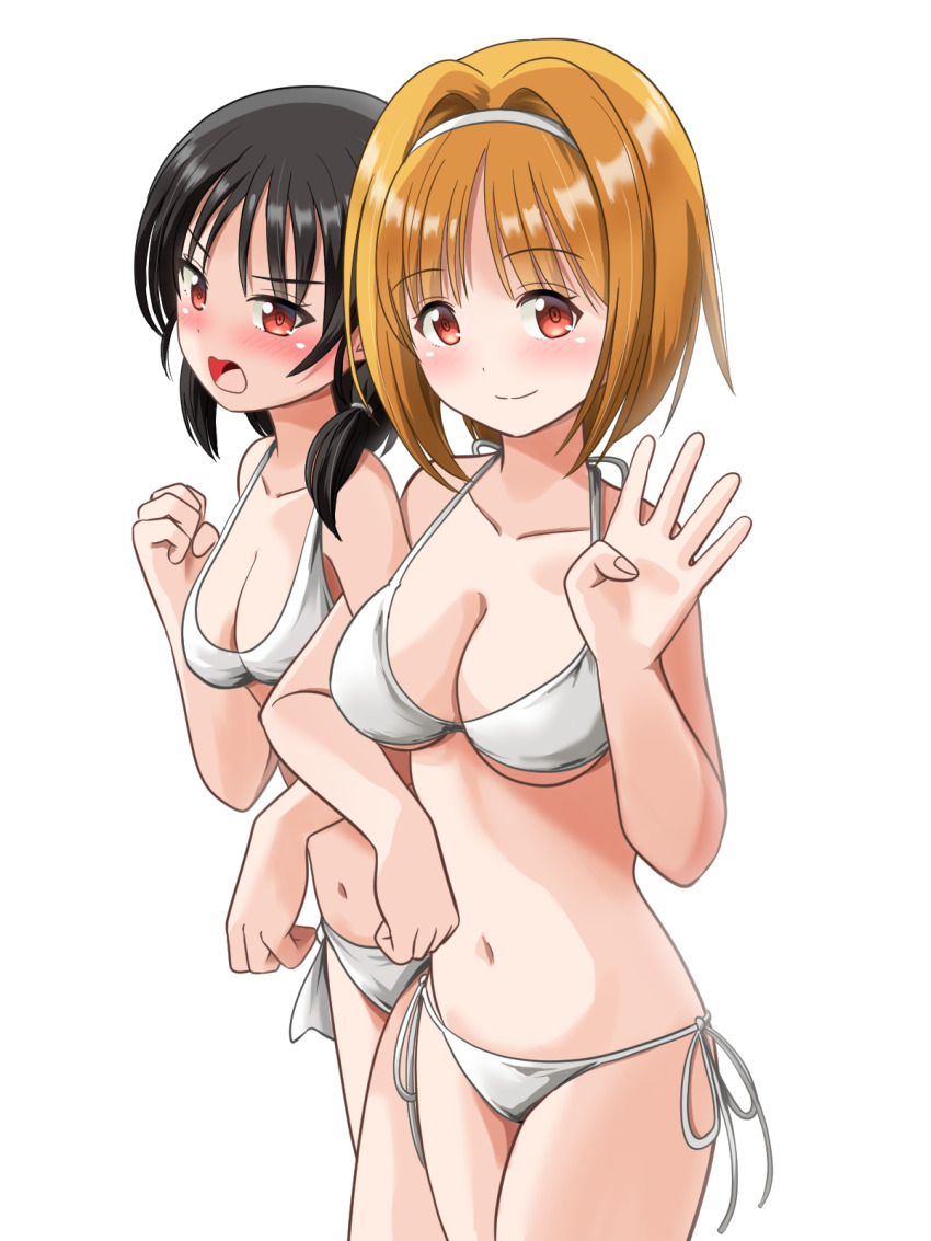 2girls bikini black_hair blush breasts brown_hair commentary_request cowboy_shot hair_intakes hairband hand_on_own_hip highres horikita_suzune kushida_kikyou long_hair low_ponytail medium_breasts multiple_girls navel red_eyes short_hair side-tie_bikini_bottom smile swimsuit underboob youkoso_jitsuryoku_shijou_shugi_no_kyoushitsu_e zakiwo_(rrxn8224)