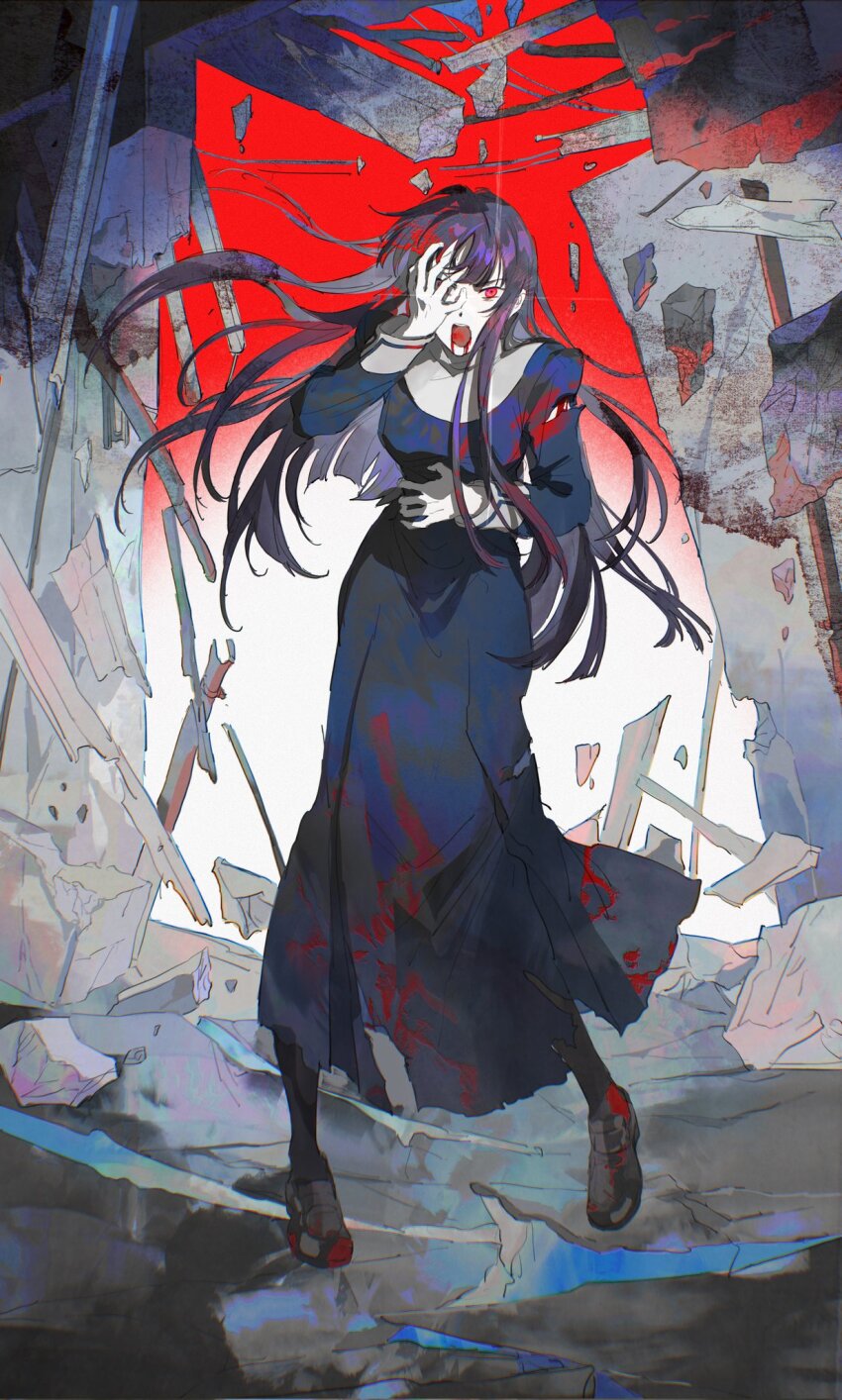 1girl asagami_fujino black_footwear black_pantyhose blood blood_from_mouth blood_on_clothes blood_on_face blood_on_shoes blue_dress concrete debris destruction dress full_body glowing glowing_eye gradient_background hand_on_own_stomach hand_over_eye highres kara_no_kyoukai loafers long_hair mimulishizi open_mouth pantyhose purple_hair rebar red_background red_eyes shoes solo torn_clothes torn_dress white_background