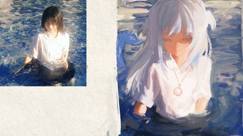 1girl blue_hair closed_eyes collared_shirt commentary cursedweeboo english_commentary gawr_gura highres hololive hololive_english impressionism in_water jewelry long_hair multicolored_hair necklace reference_inset shirt sleeves_rolled_up smile solo streaked_hair upper_body virtual_youtuber white_hair white_shirt