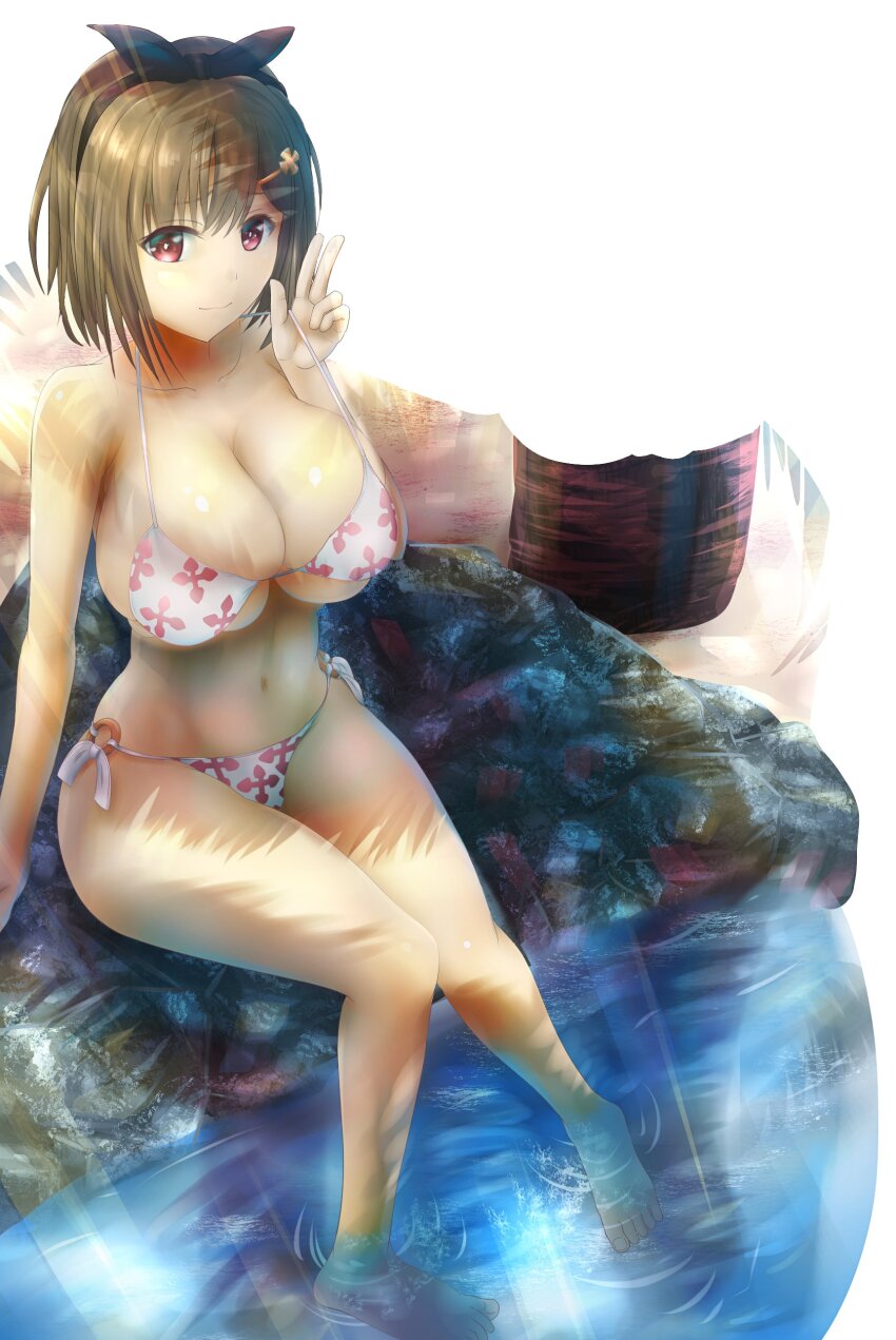 1girl absurdres arm_support atelier_(series) atelier_ryza atelier_ryza_1 bikini black_hairband bow_hairband breasts brown_hair cleavage closed_mouth commentary_request ellezion hairband highres large_breasts navel red_eyes reisalin_stout short_hair side-tie_bikini_bottom sitting soaking_feet solo strap_lift swimsuit water white_bikini