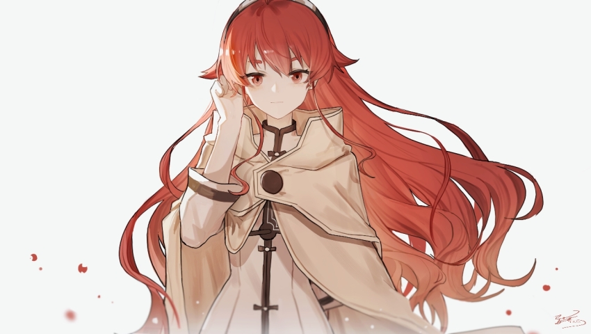 1girl :| adjusting_hair black_hairband blurry_edges brown_cloak cloak closed_mouth eris_greyrat hair_between_eyes hair_flaps hairband hand_up long_hair looking_at_viewer mushoku_tensei red_eyes red_hair shirt signature simple_background solo upper_body very_long_hair white_background white_shirt yisjhui