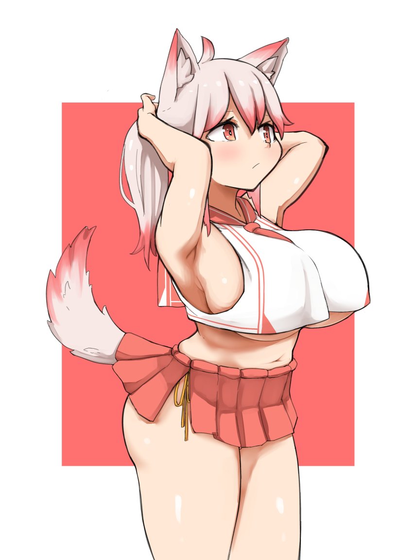 1girl :/ absurdres adjusting_hair ahoge animal_ear_fluff animal_ears armpits arms_up blush breasts crop_top dog_ears dog_tail gradient_hair highres huge_breasts long_hair microskirt midriff multicolored_hair navel original panties ponytail red_eyes red_hair red_shirt sakanadaze shirt side-tie_panties sideboob simple_background skirt sleeveless sleeveless_shirt solo tail thighs underboob underwear white_hair