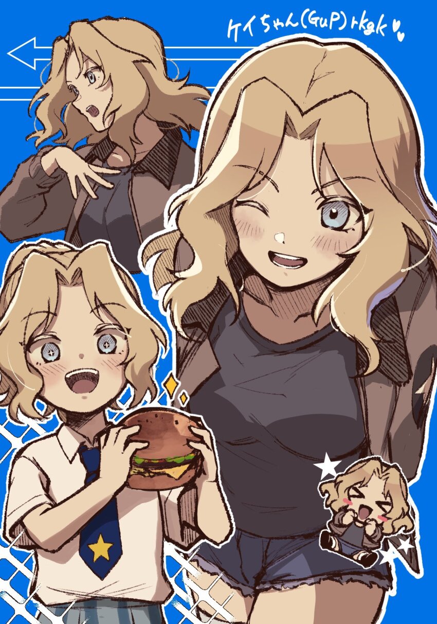 1girl black_shirt blonde_hair blue_eyes blue_shorts blush breasts burger food girls_und_panzer highres holding holding_burger holding_food kay_(girls_und_panzer) large_breasts long_hair looking_at_viewer military_uniform multiple_views necktie one_eye_closed open_mouth s1567_ykmr saunders_military_uniform shirt shorts smile uniform