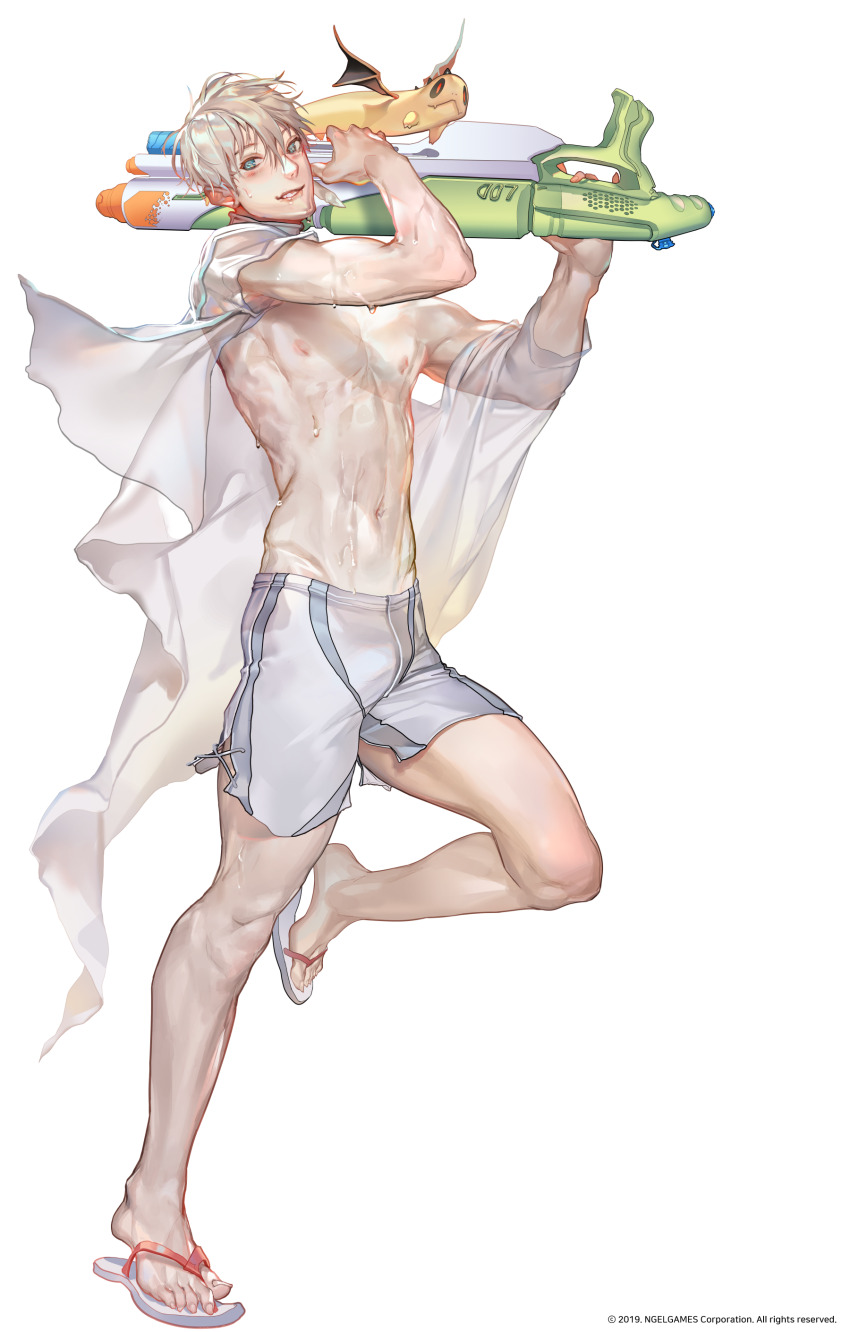 1boy absurdres armpit_peek biting_own_lip blue_eyes bulge flip-flops from_side full_body groin hands_up highres holding holding_water_gun jacket knee_up leenim light_blush lord_of_dice male_focus male_swimwear navel nipples official_art open_clothes open_jacket over_shoulder philip_(lord_of_dice) running sandals see-through_clothes see-through_jacket short_hair sideways_glance simple_background smile toned toned_male water_gun weapon weapon_over_shoulder white_background white_hair white_male_swimwear