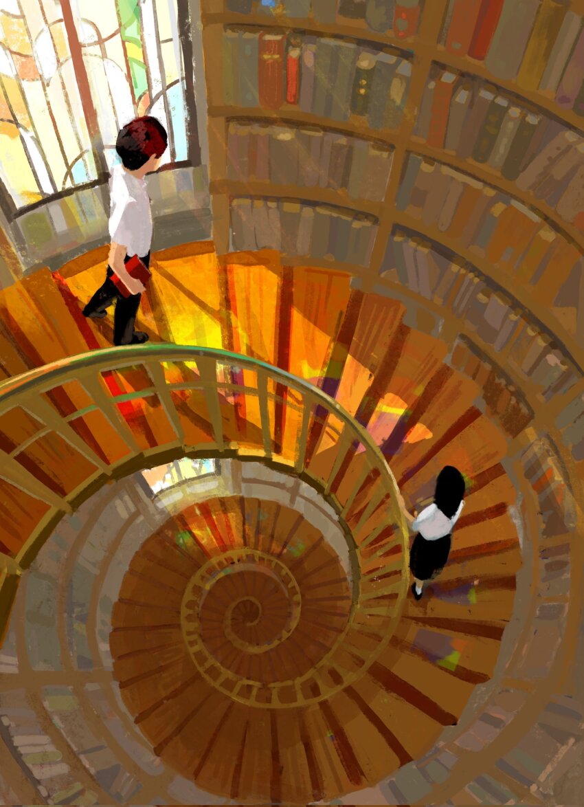 1boy 1girl amanokotobuki black_pants book bookshelf from_above highres holding holding_book indoors library light_rays no_lineart original pants procreate_(medium) railing shirt spiral_staircase stained_glass stairs sunlight vanishing_point white_shirt window