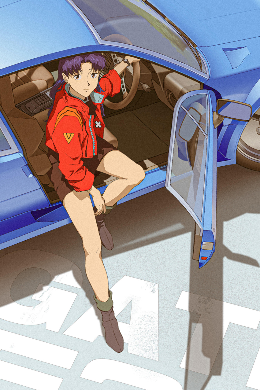 1girl absurdres arm_between_legs black_dress brown_eyes brown_footwear bysau car cloud cloudy_sky cross cross_necklace dress earrings english_text highres jacket jewelry katsuragi_misato light_smile long_hair looking_at_viewer motor_vehicle necklace neon_genesis_evangelion purple_hair red_jacket reflection renault_alpine_a310 shadow sitting sky smile solo sports_car steering_wheel thighs vehicle_interior