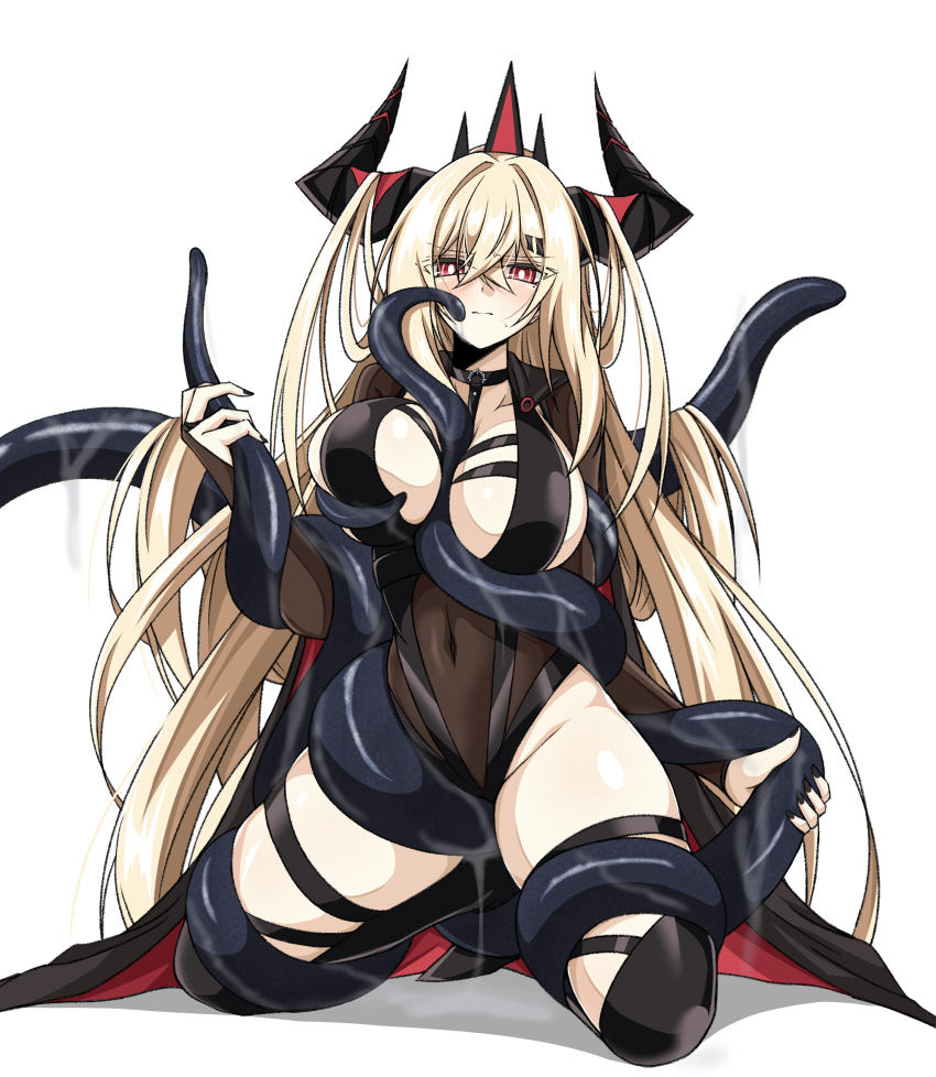 1girl black_cape black_choker black_leotard black_nails blonde_hair blush breasts bridal_gauntlets bright_pupils cape choker closed_mouth commentary counter:side covered_navel crossed_bangs demon_horns ecclesia_(counter:side) furrowed_brow grabbing_another&#039;s_breast groin groping hair_between_eyes hair_on_horn highleg highleg_leotard highres horns jazz9207 kneeling large_breasts leg_grab leotard long_hair looking_at_viewer red_cape red_eyes sideboob simple_background solo suggestive_fluid tentacle_between_breasts tentacle_grab tentacles thighs two-sided_cape two-sided_fabric very_long_hair white_background white_pupils