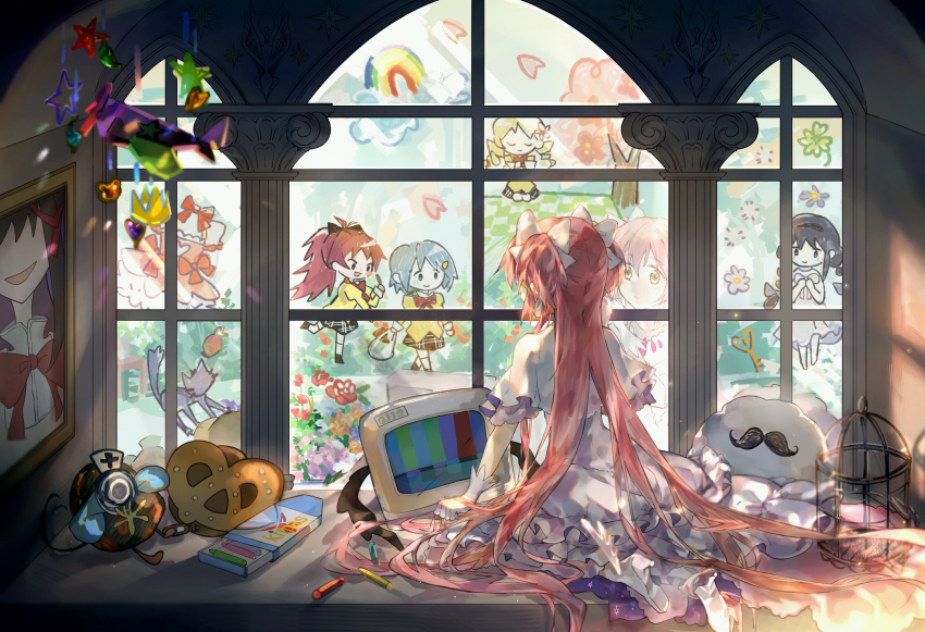 absurdres akemi_homura anja_(madoka_magica) anthony_(madoka_magica) bilingual_commentary birdcage cage chinese_commentary commentary commentary_request cookie crayon english_commentary familiar_(madoka_magica) food h.n.elly_(kirsten) highres kaname_madoka long_hair magical_girl mahou_shoujo_madoka_magica mahou_shoujo_madoka_magica:_hangyaku_no_monogatari miki_sayaka mixed-language_commentary pink_hair portrait_(object) pyotr_(madoka_magica) ribbon sakura_kyoko siren_(jzy601306223) tomoe_mami ultimate_madoka window