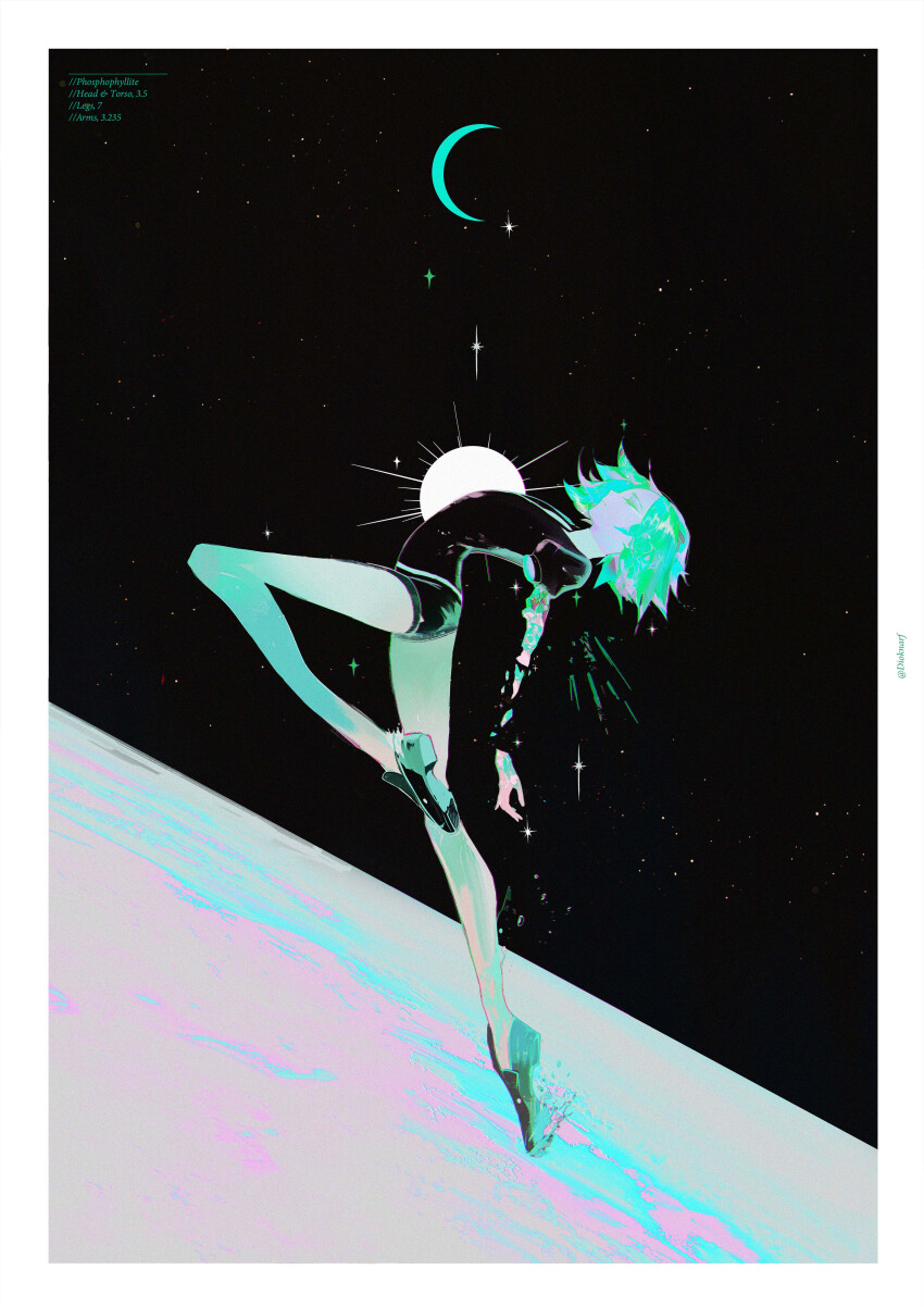 1other absurdres amputee androgynous aqua_theme bare_legs broken_arm character_name commentary crescent_moon dio_knarf english_text from_side full_body gem_uniform_(houseki_no_kuni) highres houseki_no_kuni jumping loafers midair monochrome moon necktie other_focus phosphophyllite profile puffy_short_sleeves puffy_sleeves shards shoe_soles shoes short_hair short_sleeves solo space sparkle star_(sky) starry_moon