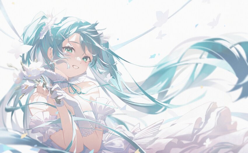 1girl absurdres birthday blue_eyes blue_hair detached_sleeves dress flower gloves grin hatsune_miku highres holding holding_flower long_hair looking_at_viewer midori_xu short_sleeves sleeveless sleeveless_dress smile solo twintails upper_body very_long_hair vocaloid white_background white_gloves white_sleeves