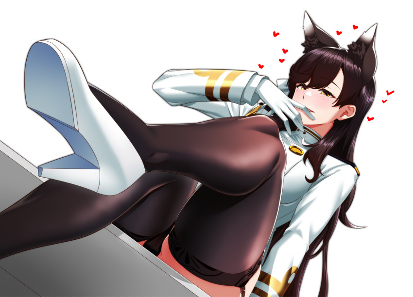 1girl animal_ears atago_(azur_lane) azur_lane black_hair black_thighhighs commentary_request dog_ears dog_girl from_below garter_straps gloves heart high_heels jacket kagiyama_(clave) long_hair long_sleeves mole mole_under_eye shoes simple_background solo thighhighs white_footwear white_gloves white_jacket yellow_eyes