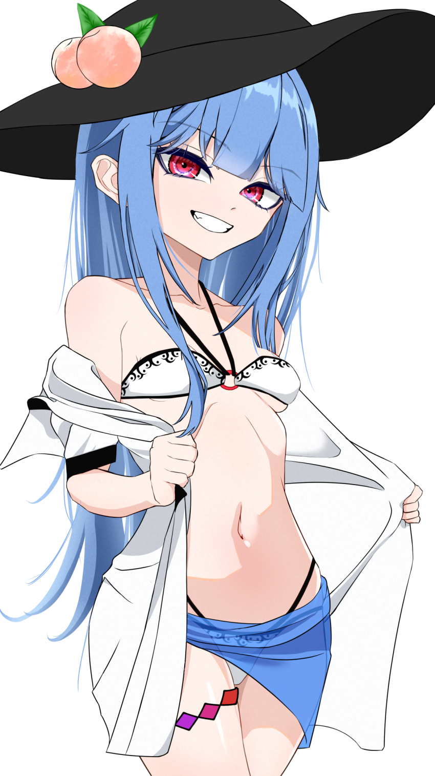 1girl bikini black_hat blue_hair blue_sarong blunt_bangs breasts commentary_request cowboy_shot hat highres hinanawi_tenshi long_hair looking_at_viewer navel ohkey_now peach_hat_ornament rainbow_order red_eyes sarong shirt sidelocks simple_background small_breasts smile solo swimsuit touhou white_background white_bikini white_shirt