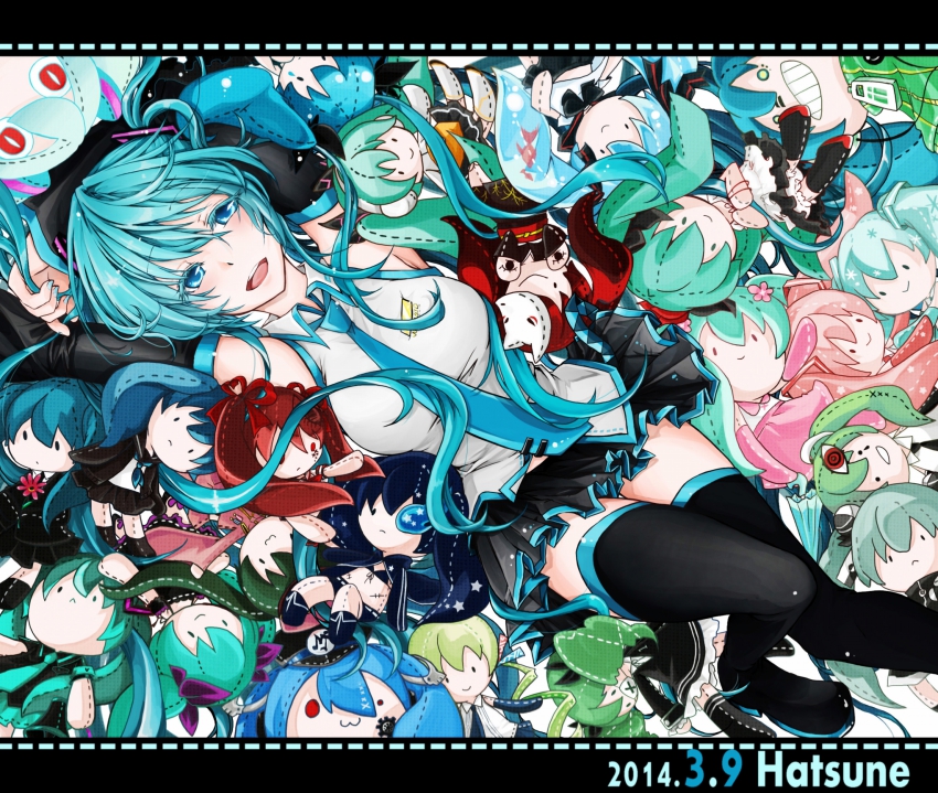 10s 1girl 2014 acute_(vocaloid) aimaina aqua_hair black_rock_shooter blue_eyes boots bottle_miku character_doll character_name dated detached_sleeves female_focus hatsune_miku hatsune_miku_(factory_tyrant) hatsune_miku_(heartbeat) hatsune_miku_(supreme) highres himitsu_keisatsu_(vocaloid) karakasa_garaku koi_wa_sensou_(vocaloid) letterboxed long_hair matryoshka_(vocaloid) nail_polish necktie odds_&amp;_ends_(vocaloid) saihate_(vocaloid) saikin_osen_-_bacterial_contamination_-_(vocaloid) sakura_miku senbon-zakura_(vocaloid) shinkai_shoujo_(vocaloid) skirt solo songover thigh_boots thighhighs ura-omote_lovers_(vocaloid) very_long_hair vocaloid world_is_mine_(vocaloid) yuki_miku