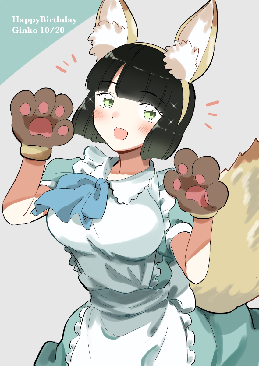 1girl :d absurdres animal_ear_hairband animal_ears animal_hands apron black_hair blue_dress blunt_bangs blunt_ends blush breasts brown_gloves commentary_request dress erako9 fake_animal_ears fox_ears gloves green_eyes hairband happy_birthday highres large_breasts link!_like!_love_live! looking_at_viewer love_live! maid_apron momose_ginko notice_lines official_alternate_costume open_mouth paw_gloves paw_pose puffy_short_sleeves puffy_sleeves short_hair short_sleeves smile solo upper_body virtual_youtuber white_apron white_background